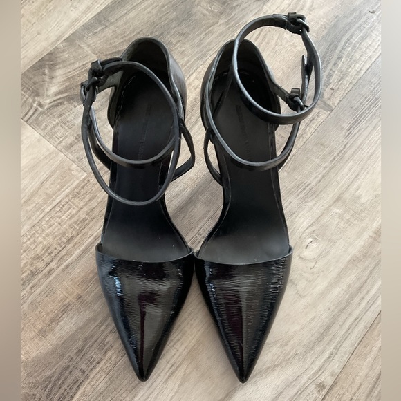 Alexander Wang Emma High Gloss Ankle Strap Pointed Toe Stilettos Pump Black SZ37 - Picture 1 of 7
